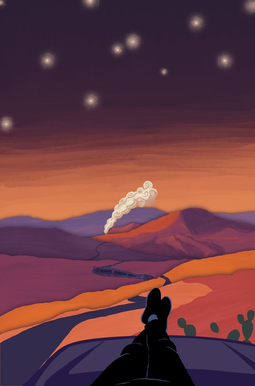 Portada de Toda la culpa es de Cabral: un atardecer de altiplano con un tren, montañas y un cielo estrellado.